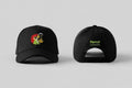 Black Parrot Content hat, front with embroidered parrot and back with embroidered wordmark