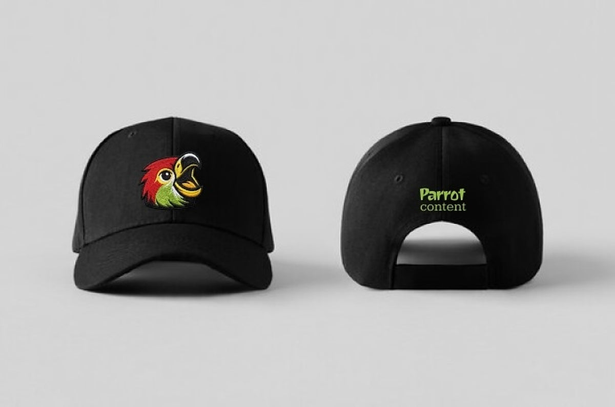 Black Parrot Content hat, front with embroidered parrot and back with embroidered wordmark