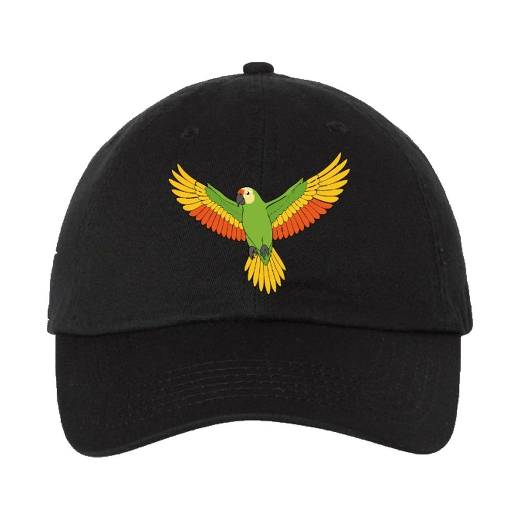 Black dad hat with an embroidered flying parrot on the front