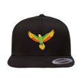 Black flat brim snapback with an embroidered flying parrot on the front