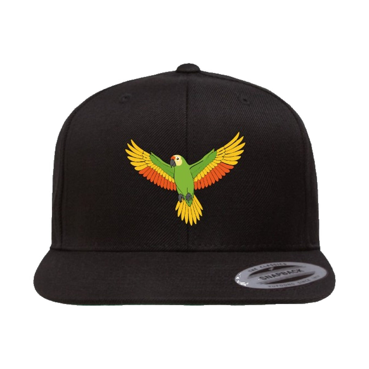 Black flat brim snapback with an embroidered flying parrot on the front