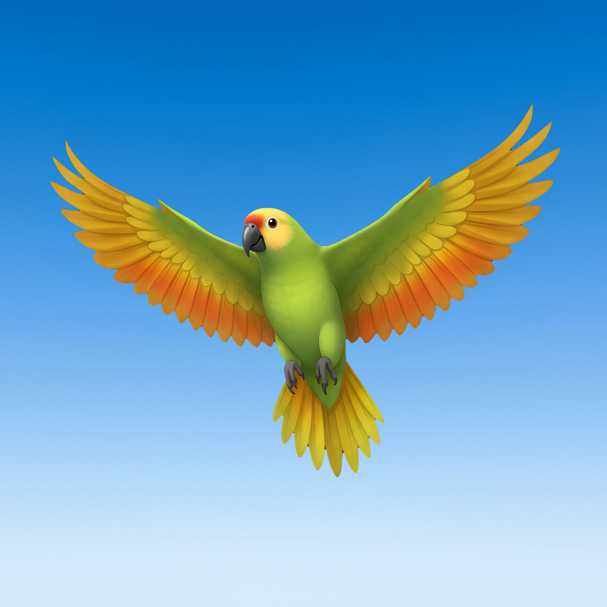 Green and orange parrot flying with wings spread against a blue sky